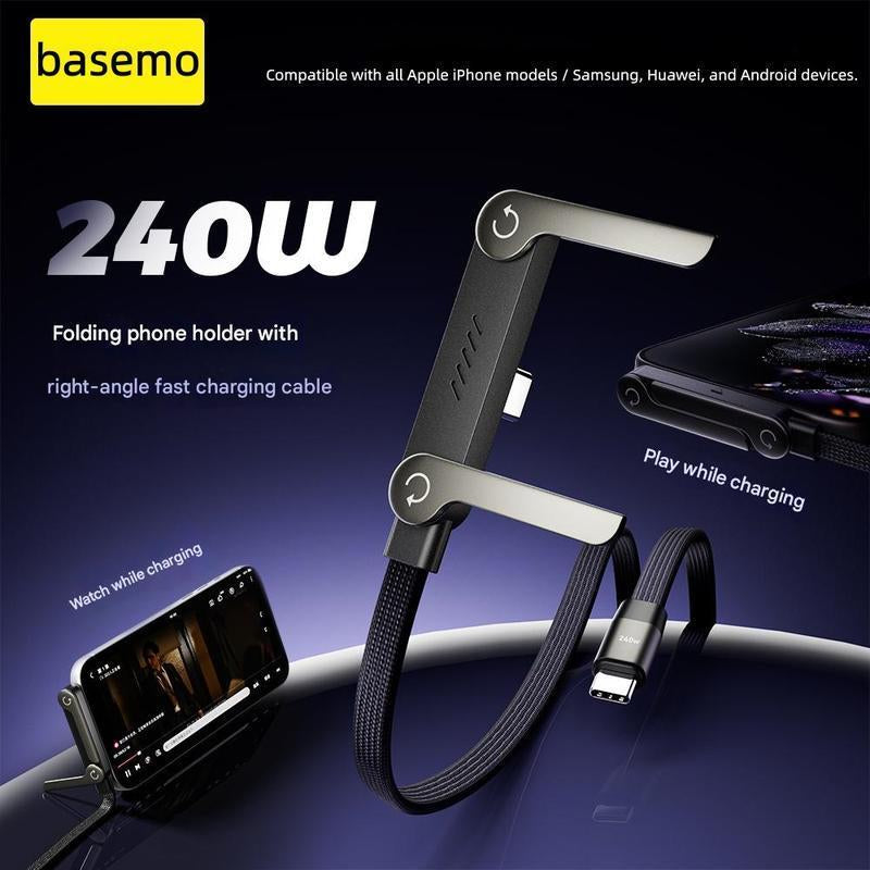 Basemo 240W 2-In-1 Fast Charger Cable with Stand - Invisible Phone Holder, Compatible with Iphone/Samsung/Type-C, Car/Office/Gaming, Perfect Christmas Gift