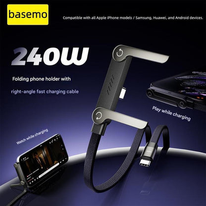 Basemo 240W 2-In-1 Fast Charger Cable with Stand - Invisible Phone Holder, Compatible with Iphone/Samsung/Type-C, Car/Office/Gaming, Perfect Christmas Gift