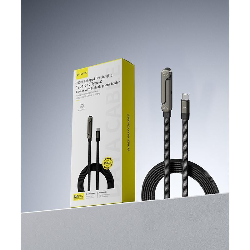 Basemo 240W 2-In-1 Fast Charger Cable with Stand - Invisible Phone Holder, Compatible with Iphone/Samsung/Type-C, Car/Office/Gaming, Perfect Christmas Gift