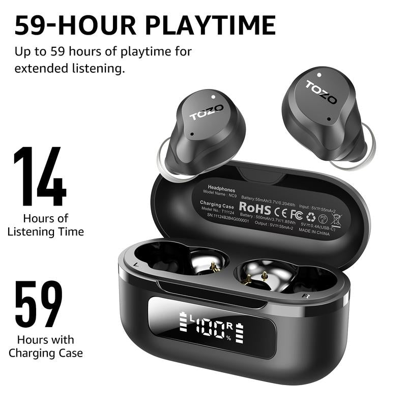 TOZO 2024NC9 Hybrid Active Noise Cancelling Wireless Earbuds ENC IPX8 Waterproof Bluetooth 5.3 Headphones Stereo Bass Heasets Headsets Audio Headphones Audifonos Traveling Gadgets Electronic Fathersdaygift Dark Black Microphone Charging