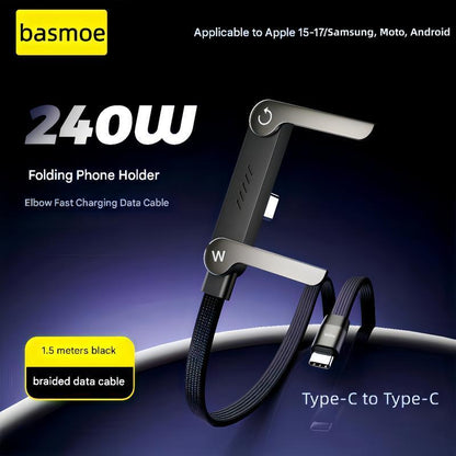 Basemo 240W 2-In-1 Fast Charger Cable with Stand - Invisible Phone Holder, Compatible with Iphone/Samsung/Type-C, Car/Office/Gaming, Perfect Christmas Gift