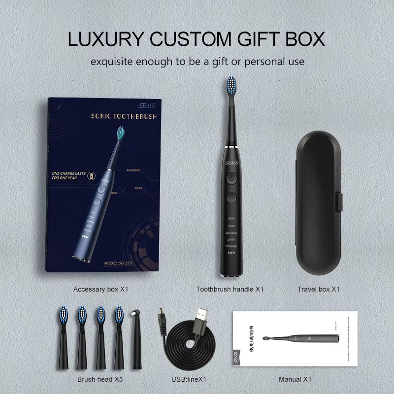 Sonic Electric Toothbrush Upgraded Adult Waterproof USB Rechargeable 360 Days Long Standby Time With5 Brush Head Best Gift