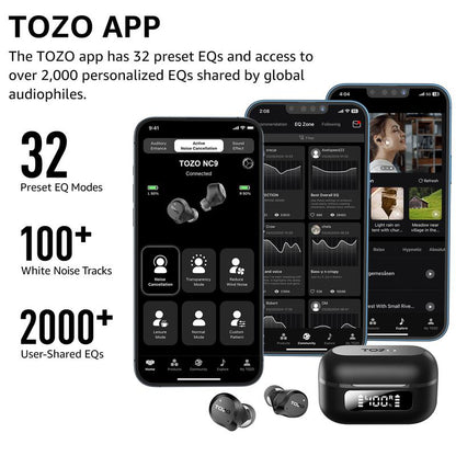TOZO 2024NC9 Hybrid Active Noise Cancelling Wireless Earbuds ENC IPX8 Waterproof Bluetooth 5.3 Headphones Stereo Bass Heasets Headsets Audio Headphones Audifonos Traveling Gadgets Electronic Fathersdaygift Dark Black Microphone Charging